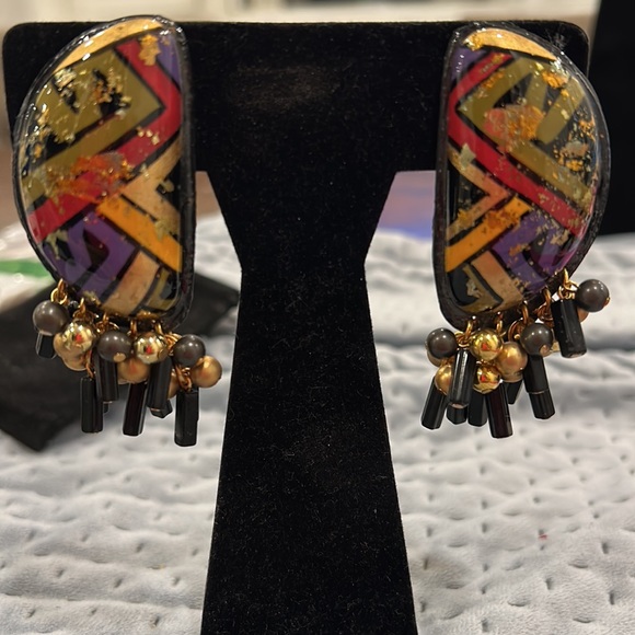 Vintage IKARAMI Hand-painted Tribal Pattern Earrings-Boutique - Picture 2 of 5